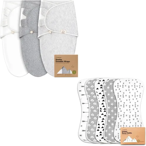 Paquete de 5 sacos de dormir orgánicos para bebés y niños y niñas, sacos de dormir orgánicos (nube), paños para eructos (paisaje gris)