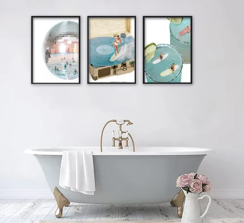 Miniatura 8 de 3 piezas de lienzo azul de moda preppy arte de pared retro de bola de discoteca estética bar carro póster impreso ilustraciones azul costero niña