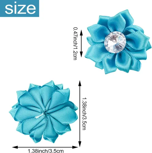 Miniatura 2 de 60 lazos de flores de cinta de satén, pequeñas flores de tela con margaritas con diamantes de imitación, lazos de cinta de satén para boda (azul)