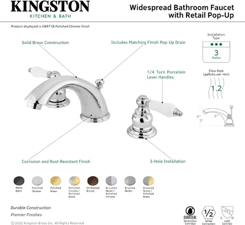 Miniatura 3 de Kingston Brass Grifo de baño generalizado victoriano KB972B, latón pulido