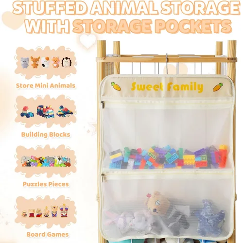 Miniatura 4 de Organizador de almacenamiento de animales de peluche, soporte grande de madera para juguetes de zoológico con bolsillos, peluches, almacenamiento
