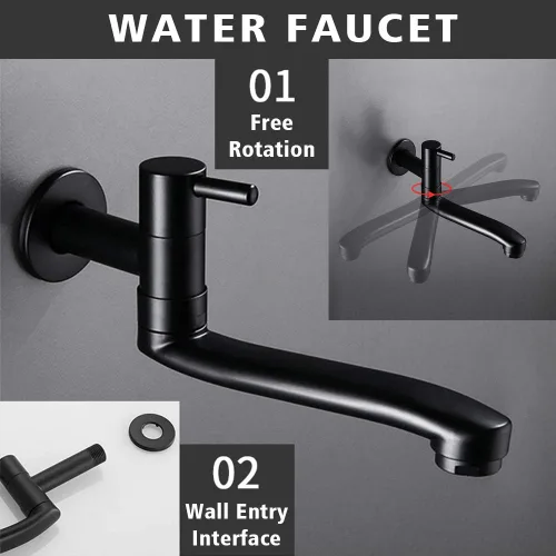 Miniatura 5 de Grifo de agua fría negro montado en la pared lavadora fregona piscina jardín grifos (8.3 in)