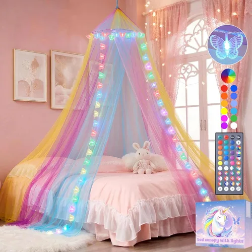 Dosel de Cama Arcoíris con Luces para Dormitorio de Niñas, Cortinas de Dosel de Cama de 34 Colores con Luces de Mariposas que Cambian de Color,