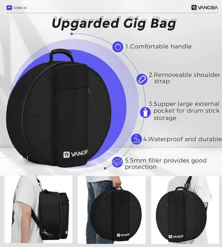 Miniatura 7 de Kit de tambor snare Vangoa con cabeza Remo de 14" x 5.5" para estudiantes de banda escolar de marcha principiantes con soporte, soporte
