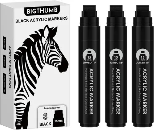 BIGTHUMB 3 piezas de marcadores permanentes jumbo negros: bolígrafo de pintura acrílica de punta ancha de 15 mm, marcador de caligrafía grande para