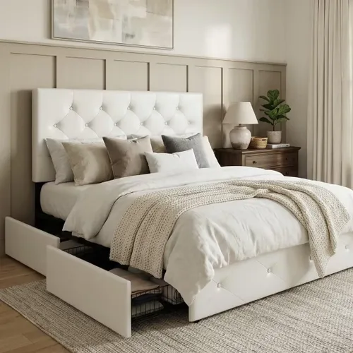 Miniatura 10 de Allewie - Base de cama tapizada de tamaño Full con plataforma, con 4 cajones de almacenamiento y cabecero, diseño cosido en cuadrados con botones