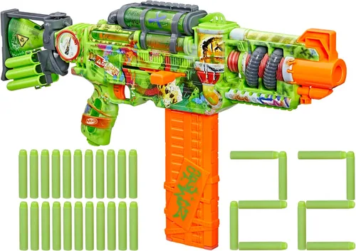 Nerf Zombie Corrupter Dart Blaster, 22 dardos Nerf Elite, 18 pinzas de dardos, almacenamiento de dardos, acción de pernos, juegos al aire libre, a
