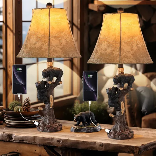 Miniatura 11 de LOKHOM Lámpara de mesa rústica con oso de escalada para dormitorio, lámpara de mesa de noche pequeña de 19 pulgadas con pantalla de bosque de osos