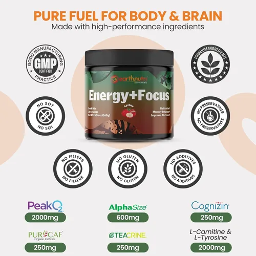 Miniatura 7 de EarthNutri Suplemento en polvo Energy + Focus – Suplementos de refuerzo de energía y memoria con PeakO2, AlphaSize, Cognizin, PurCaf, Teacrina