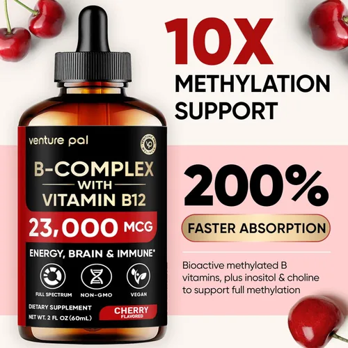 Miniatura 3 de Gotas Líquidas de Complejo de Vitamina B de Venture Pal, B12 Metilcobalamina B9 Fólico B1,B2,B3,B5,B6,B7 - Vitamina C, Colina, Inositol