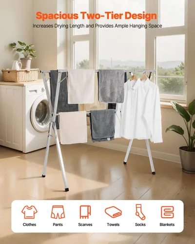 Miniatura 2 de VEVOR Estante de secado de ropa, 2 niveles, telescópico para secadora de ropa, estantes de secado de acero inoxidable con 30 agujeros a prueba