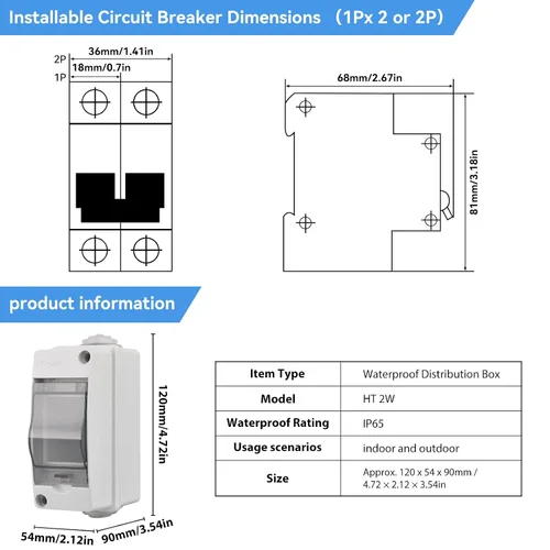Miniatura 2 de Caja de protección de distribución de ABS IP65, caja de distribución de disyuntor impermeable de 2 vías, caja de distribución de 2 rieles DIN Caja