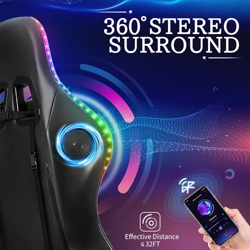 Miniatura 3 de HOFFREE - Silla gamer con masaje, altavoces Bluetooth y luces LED, silla ergonómica para computadora y videojuegos con reposapiés, silla de Azul