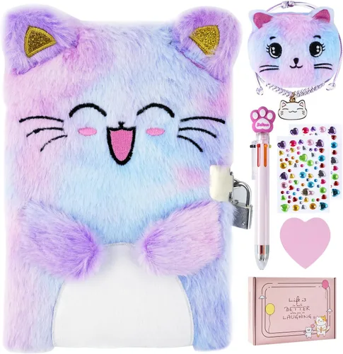 PJDRLLC Diario de gato con cerradura, regalo para niñas de 6, 7 y 8 años, diario secreto con monedero, bolígrafo multicolor, nota post-it,