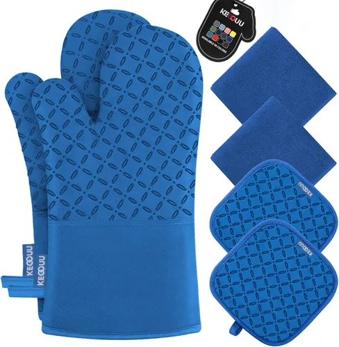 Miniatura 8 de KEGOUU Juego de 6 manoplas para horno y soportes para ollas, guantes para horno de cocina, resistentes al calor, 500 grados, extra largos