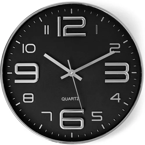 Bernhard Products Reloj de pared negro de 12 pulgadas, elegante, moderno, plateado, silencioso, sin tictac, cuarzo, funciona con pilas, redondo,