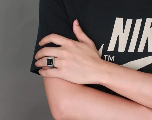 Miniatura 5 de Anillos de ónix negro para hombre, de acero inoxidable, con diseño de ágata cuadrada para hombres, anillo de pulgar meñique para papá, regalo