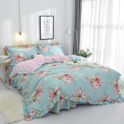 Miniatura 27 de FADFAY Juego de ropa de cama floral estilo campestre francés con estampado de pájaros azules, colección de faldas de cama, 800 hilos por pulgada