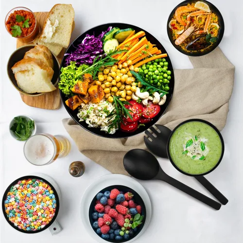 Miniatura 5 de ShineMe Ensaladeras, ensaladera grande con tapa y servidores, juego de ensaladas de bambú con 4 cuencos pequeños para servir, cuenco de cocina Negro