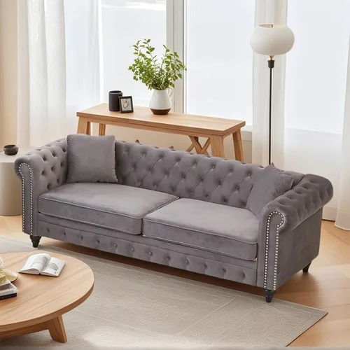 Miniatura 7 de Sofá Chesterfield de terciopelo grande de 85.5 pulgadas, sofá moderno de 3 plazas con brazos enrollados con diseño de botón y 2 cojines para sala