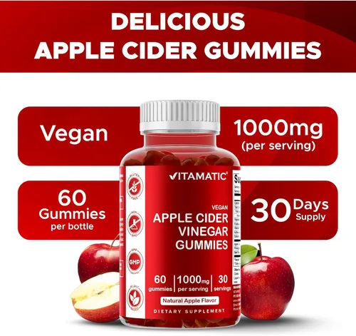 Miniatura 4 de Vitamatic Gomitas de vinagre de sidra de manzana, 1000 mg por porción, 60 gomitas veganas, gomitas ACV para desintoxicación, apoyo para la pérdida