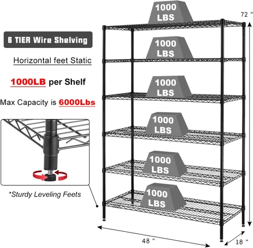 Miniatura 2 de Estantería de alambre resistente de 6 niveles, capacidad de 6000 libras, estante de almacenamiento de metal NSF ajustable con ruedas, 48 pulgadas