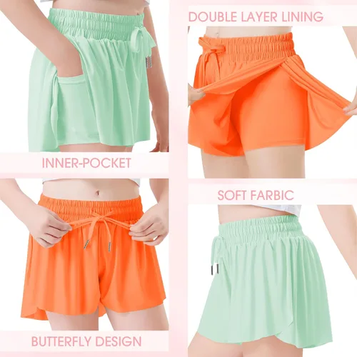 Miniatura 3 de QooNoo Girls Butterfly Shorts with Pocket Flowy Athletic Shorts High Waist Preppy Running Shorts for Kids Teen