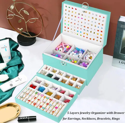 Miniatura 134 de Joyero de pendientes para mujeres y niñas, organizador de aretes de 5 capas, caja organizadora de joyas blanca con candado, collares y aretes