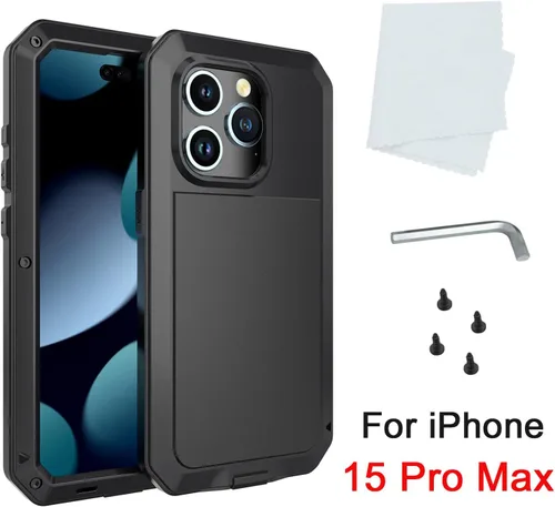 Miniatura 7 de Compatible con iPhone 15 Pro Max, funda protectora de cuerpo completo 360, resistente a los golpes, funda de metal de aleación de aluminio con Negro