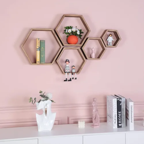 Miniatura 2 de PHOENANCEE Estantes flotantes hexagonales, juego de 5 estantes octágonos montados en la pared, cubo de almacenamiento de madera para baño, cocina