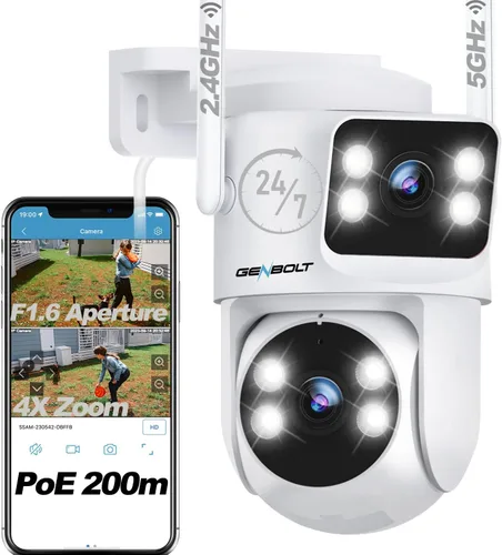 GENBOLT PTZ Cámara de seguridad WiFi para exteriores con doble lente, vigilancia CCTV con doble vista, almacenamiento en la nube actualizado con