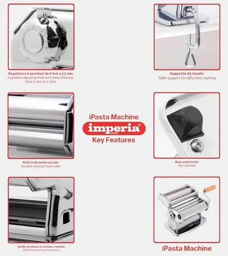 Miniatura 5 de Máquina para hacer pasta Imperia - 100% fabricada en Italia, construcción de acero resistente, dial de bloqueo fácil, mango de agarre de madera
