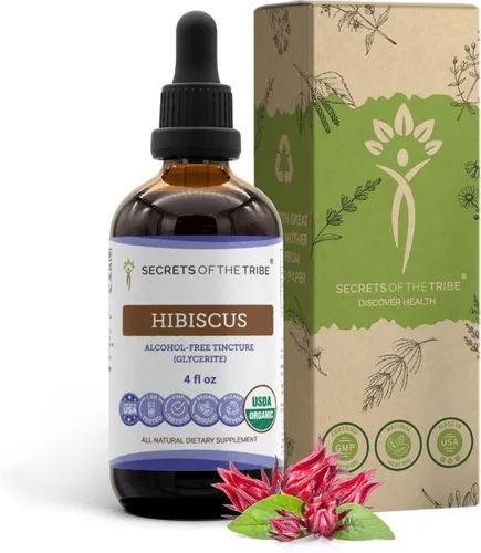 Secrets of the Tribe Tintura de hibisco extracto sin alcohol, gotas de hierbas de alta potencia, tintura hecha de hibisco orgánico USDA (Hibiscus