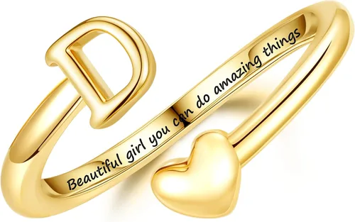 Miniatura 10 de Turandoss Regalos para el día de San Valentín para adolescentes, anillos de oro para niños, chapados en oro de 14 quilates con inicial para letra A