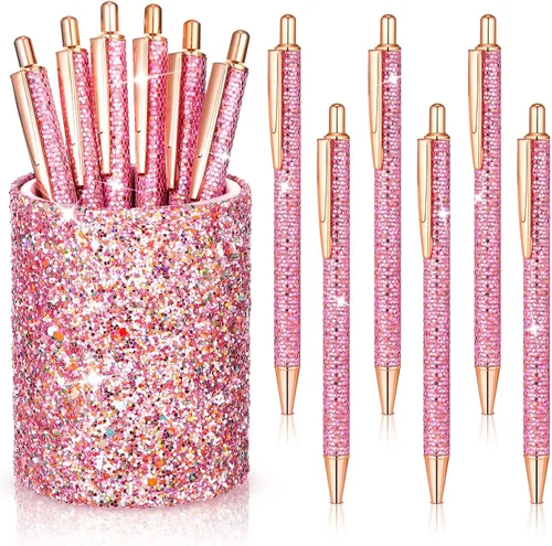 Miniatura 8 de BBTO Portabolígrafos de Lentejuelas Brillantes con 6 Bolígrafos de Clic de Lentejuelas, Bonitos Bolígrafos Retráctiles con Purpurina, Vasos