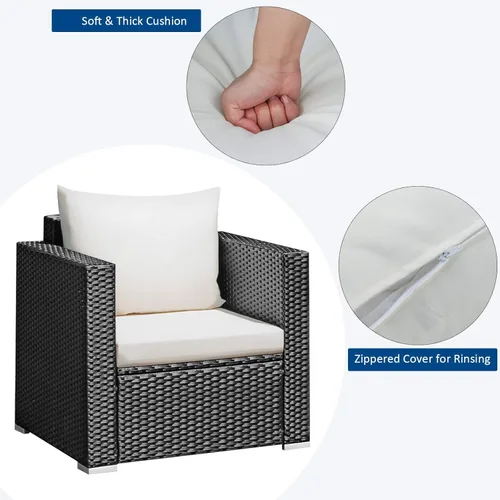 Miniatura 9 de COSTWAY Juego de muebles de patio al aire libre de 3 piezas, sillones acolchados y mesa de centro de vidrio templado, juego de sofá de mimbre