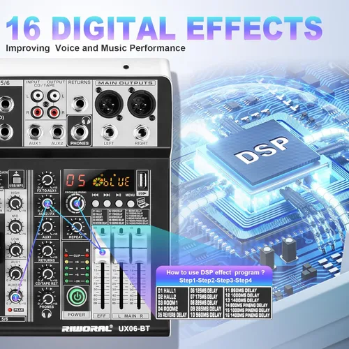 Miniatura 6 de Mezclador de audio profesional Riworal, consola de mezcla de 6 canales, interfaz de sonido, consola de mezcla de DJ, mezclador de audio con efecto