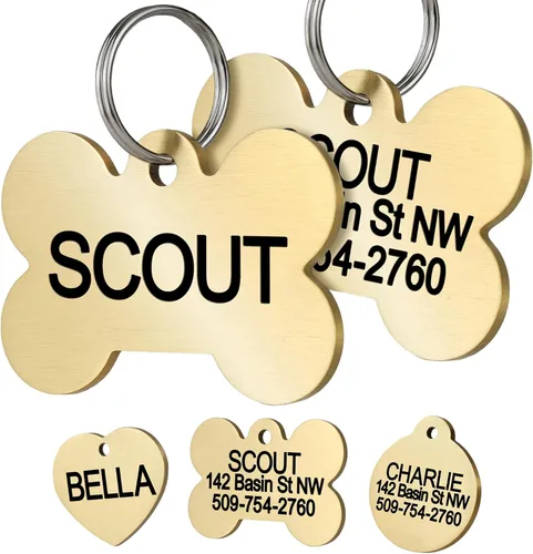 GoTags Etiquetas de identificación personalizadas para mascotas, etiquetas de perro de latón macizo y etiquetas para gatos, hasta 6 líneas de texto