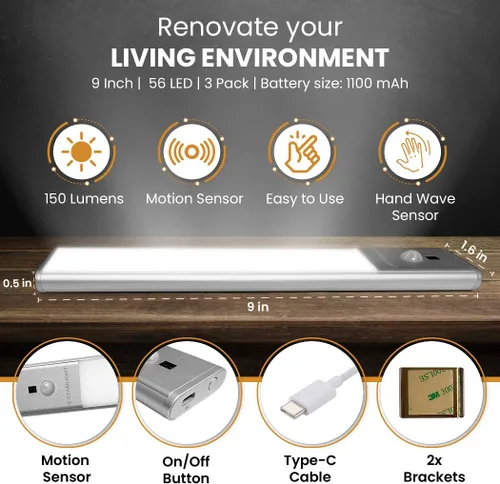 Miniatura 3 de VYANLIGHT Luces de cocina para debajo del gabinete, tiras de luz LED inalámbricas con sensor de movimiento para despensa, armario, baño, iluminación