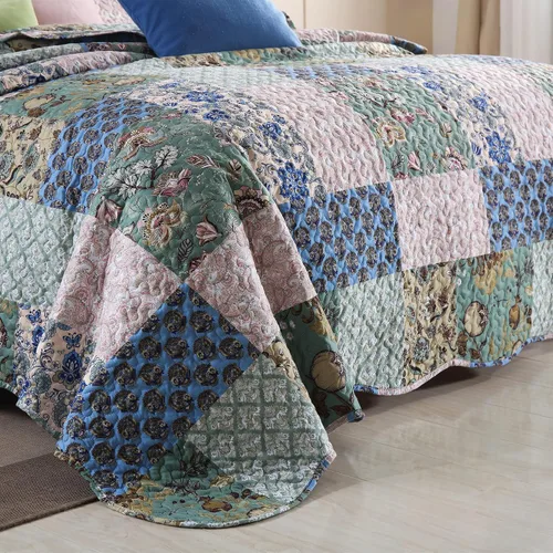 Miniatura 5 de MarCielo Juego de colcha acolchada de 3 piezas, colcha estampada, juego de ropa de cama, manta, colcha ligera (flor azul, Queen) (B026_Q)