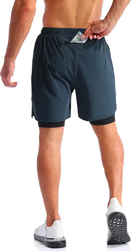 Miniatura 4 de Pudolla Mens 2 in 1 Running Shorts 7" Quick Dry Gym Athletic Workout Shorts for Men with Phone Pockets