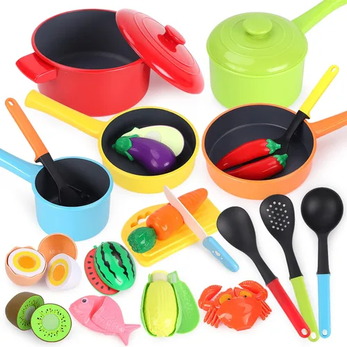 GILOBABY Accesorios de cocina para niños - Juego completo de juguetes de cocina con ollas, sartenes y utensilios para niños pequeños de 1 a 3 años,
