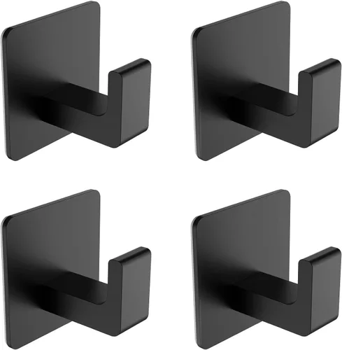 Ganchos de toalla para adhesivo de baño, paquete de 4 ganchos de baño negro mate para toallas, gancho de toalla resistente a la corrosión, ganchos