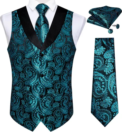 Miniatura 4 de DiBanGu Suit Vest for Men Vest Set with Tie Bowtie Tie Clip Pocket Square Cufflinks 6Pcs Waistcoat