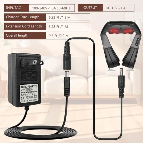 Miniatura 7 de Cargador masajeador de cuello de 12 V para masajeador de espalda y cuello Zyllion Shiatsu, compatible con RESTECK/Vellax/Medcursor/Mirakel/InvoSpa