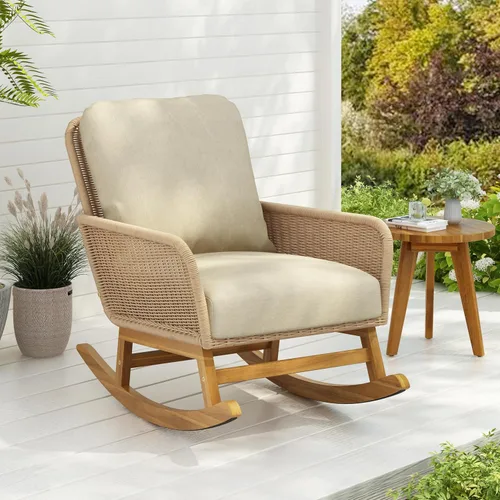 Christopher Knight Home Nadine - Mecedora para patio, mecedora de mimbre, mecedora de patas de madera, silla de mimbre de ratán de polietileno, Beige