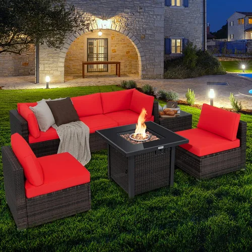 Miniatura 2 de Tangkula Juego de muebles de patio de 7 piezas con mesa para fogata, 50,000 BTU 32 pulgadas de propano con cubierta impermeable, juego de mimbre