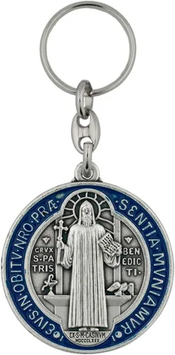 VILLAGE GIFT IMPORTERS Llavero grande de 2 pulgadas con medalla de San Benito, patrón de los estudiantes y Europa, metal plateado con detalles