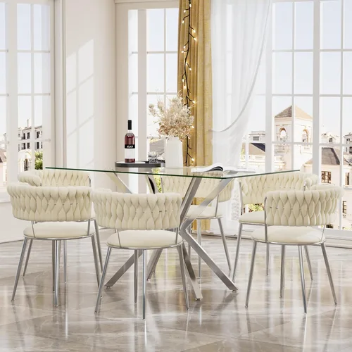 Miniatura 13 de Juego de mesa de comedor de cristal negro de 47 pulgadas para 4, juego de mesa de cocina minimalista moderno y 4 sillas de comedor de terciopelo