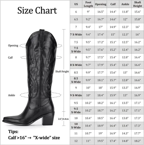 Miniatura 5 de Pasuot Botas vaqueras occidentales para mujer, botas vaqueras negras hasta la rodilla, pantorrilla ancha con bordado occidental, puntera puntiaguda